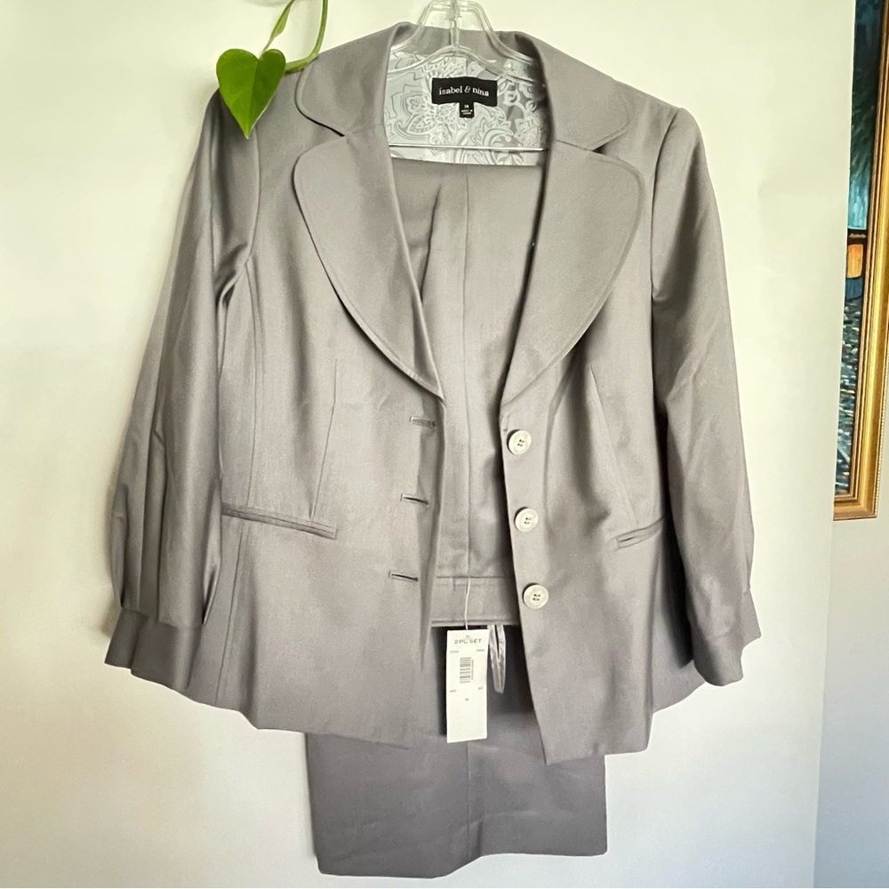 NWT ISABEL & NINA Grey Business Suit Pant Suit Work Suit 3/4 Sleeves Size 14